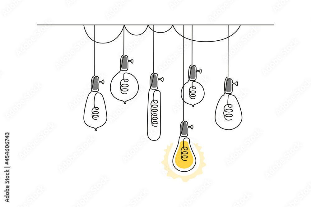 Aufkleber One continuous line drawing of hanging loft light bulbs with one shining. Concept of creative idea in simple doodle style. Editable stroke. Vector illustration