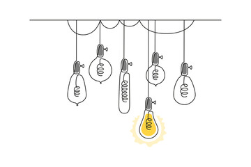 One continuous line drawing of hanging loft light bulbs with one shining. Concept of creative idea in simple doodle style. Editable stroke. Vector illustration