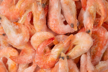 Fresh shrimps in ice. Top view.