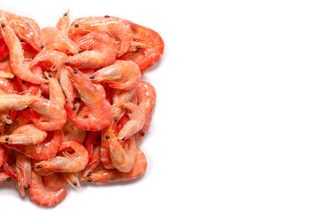 Shrimps background texture. A lot of shrimps. Cooked shrimps.