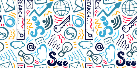 Seamless pattern with doodles on the topic of SEO. They are well suited for the Background, Story, Banner