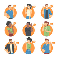 People Characters Saying Hello and Showing Hand Greeting Gesture Vector Illustration Set - obrazy, fototapety, plakaty
