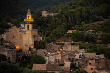 Fototapeta na wymiar view of a churching Valldemossa Spain, Mallorca during sunset with its historical building became a world heritage place 