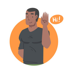 Young Man Saying Hello and Showing Hand Greeting Gesture Vector Illustration