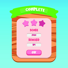 Cartoon green written in wood pattern mobile app ui popup completed panel. premium vector