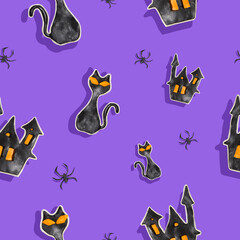 plasticine 3d illustration of Halloween. cats , spiders and houses on the purple background ,seamless pattern