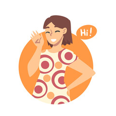 Young Woman Saying Hello and Showing Hand Greeting Gesture Vector Illustration