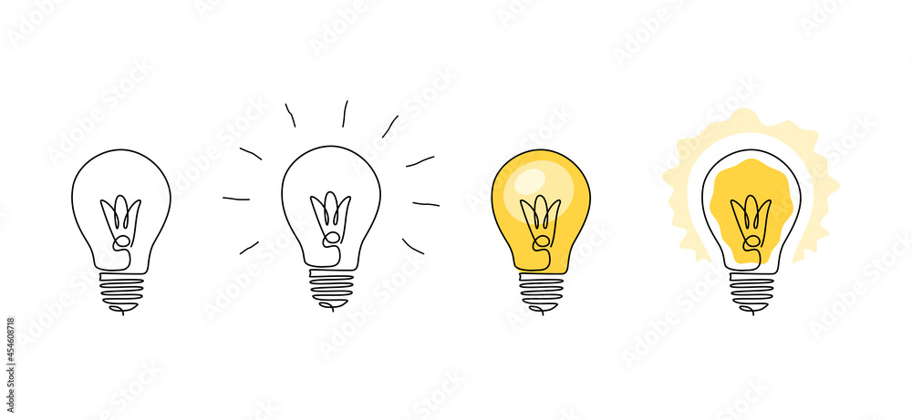 Poster light bulbs of one continuous line drawing. cartoon, flat and outline shining lamps. concept of crea