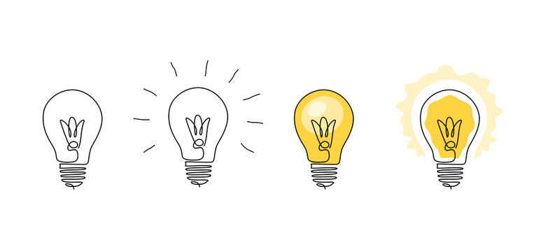 Light bulbs of One continuous line drawing. Cartoon, flat and outline shining lamps. Concept of creative idea in simple doodle style. Editable stroke. Vector illustration