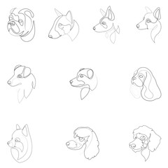 Obraz premium Set of hand drawn line art illustrations of dog characters portraits.