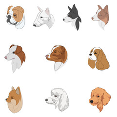 Set of hand drawn line art illustrations of dog characters portraits with colour.