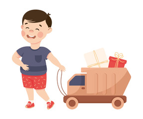 Little Boy in His Childhood Pulling Toy Lorry with Gift Box Vector Illustration