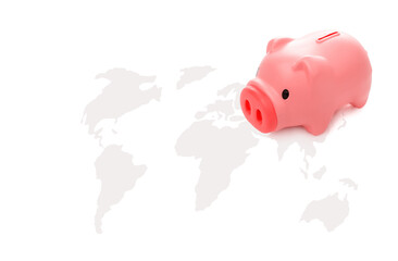 Piggy bank standing on world map with white background, World Savings Day concept