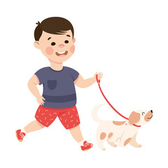 Little Boy in His Childhood Walking the Dog by the Leash Vector Illustration