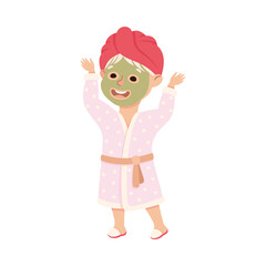 Little Blond Girl in Her Childhood in Bath Robe and Towel on Her Head After Bathing Procedure Vector Illustration