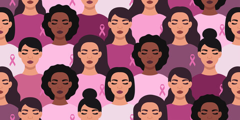 Breast cancer awareness month vector illustration. Different ethnicity women with pink ribbon seamless pattern.