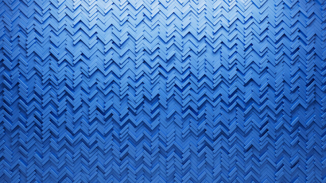 Herringbone Tiles arranged to create a 3D wall. Semigloss, Blue Background formed from Futuristic blocks. 3D Render