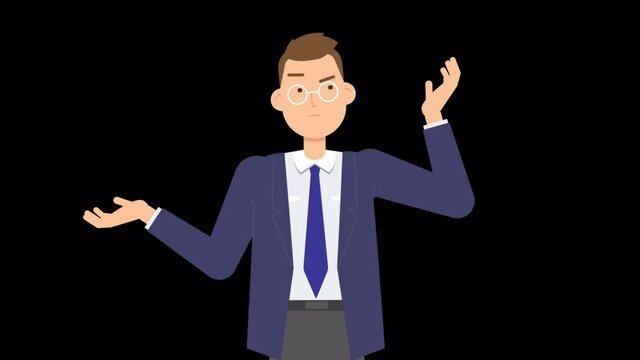 Businessman thinking and looking for answer. shrugs his shoulders. uncertainty, question, no solution concept. Character animation with ALPHA channel. hopelessness, despair, frustration on his face