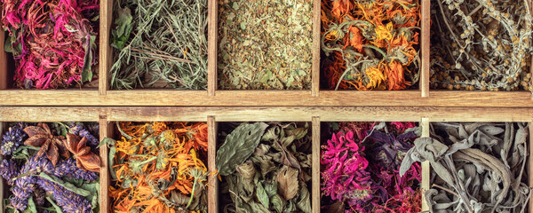 Assortment of dried relaxing tea herbs in wood tea box close up. Calendula, mint, camomile, anise hyssop, monarda didyma, wormwood, thyme, sage leaves