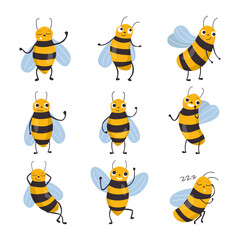 Vector set of cute yellow cartoon bees in different poses on a white background. Nature, animal, insect. Flat vintage illustration.