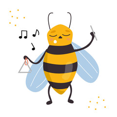 Cartoon yellow bee musician playing on a triangle and singing. Vector flat illustration.