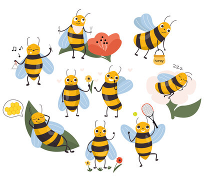 Vector set of cute yellow cartoon bees in different poses on a white background. Nature, animal, insect. Flat vintage illustration.