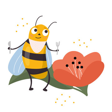 A cute yellow bee with cutlery sits by a flower to collect pollen. Vector flat vintage illustration.