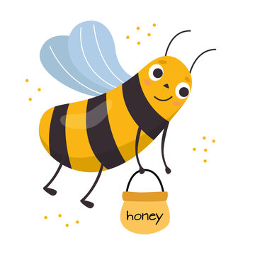 Cute cartoon yellow bee works, flying and holds in paws a jar of honey. Vector flat illustration.