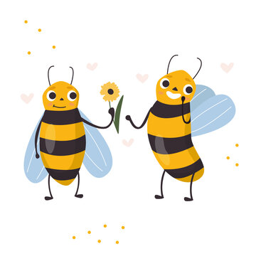 A cute yellow bee gives a flower to another wasp. Vector flat illustration.