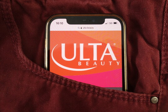 KONSKIE, POLAND - August 17, 2021: Ulta Beauty Inc logo on mobile phone hidden in jeans pocket