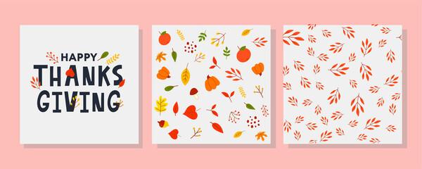 Obraz premium Hand drawn Happy Thanksgiving lettering typography poster. Celebration quotation for card, postcard, event icon logo or badge. Vector vintage autumn calligraphy. Grey Lettering with red maple leaves