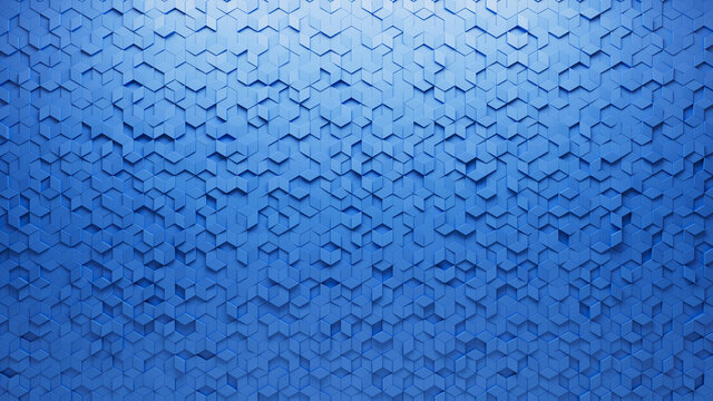 3D Tiles arranged to create a Semigloss wall. Blue, Diamond Shaped Background formed from Futuristic blocks. 3D Render