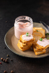 Smorrebrod butter spread shrimp on bread capelin roe seafood taste fresh portion ready to eat meal snack on the table copy space food background rustic. top view pescetarian diet vegetarian food 