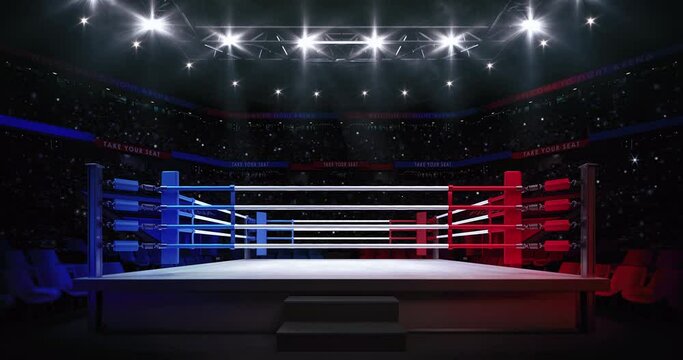 Empty boxing ring ready for fight. Animation of sport arena with fans and shining spotlights. Indoor sport 4k video background.