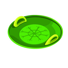Round children's green plastic sled (ice boat) for skiing from an ice slide, vector illustration isolated on a white background