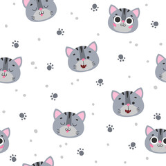 Seamless pattern with cute gray cat, kitty, kitten with black stripes, paws on white background. Vector illustration, print for packaging, fabrics, wallpapers, textiles.