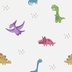 Seamless pattern with dinosaurus, dino, with grass on white background. Vector illustration, print for packaging, fabrics, wallpapers, textiles.