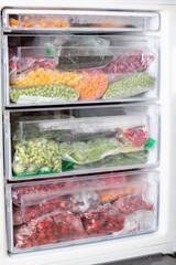 Plastic bags with different frozen vegetables in refrigerator.