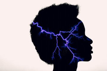 Multiple exposure image with lightning inside woman silhouette. Psychology and anger management...