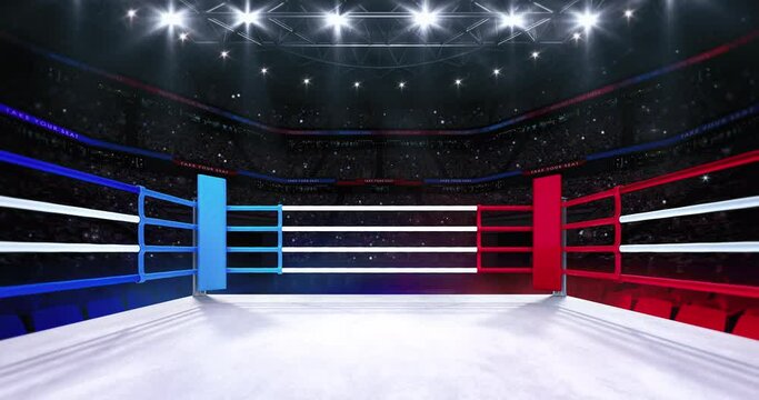 In the boxing ring. Animation of sport arena with fans and shining spotlights. Indoor sport 4k video background.