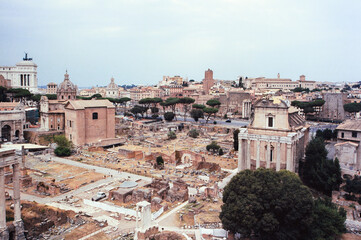 Fototapeta na wymiar The view of the Forum Romanum on the Palatine Hill in Rome, shot with analogue film technique