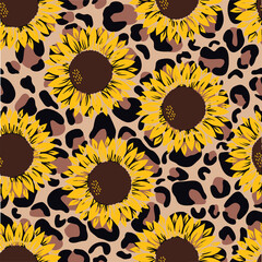 Vector pattern with yellow sunflowers on a yellow with leopard print on white background.