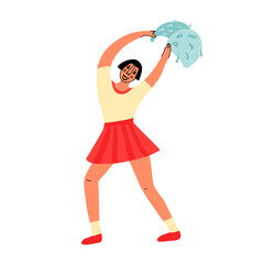 A cheerleader with pompoms. Dancing to support the team. A high school girl in a sports uniform. A cheerleader with her hands above her head. Vector illustration.