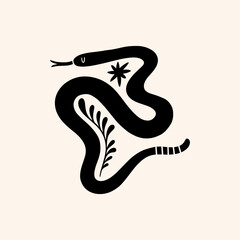 Boho snake art print, minimalist contour design.