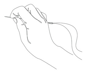 Silhouettes of a human hand that sews with a needle and thread in a modern style of one line. Continuous line drawing, outline for decor, posters, wall art, stickers, logo. Vector illustration.