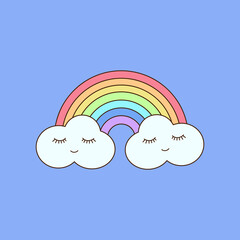 cute rainbow with clouds with faces on a blue background. vector children's drawing in the doodle style. the concept of the weather, the season