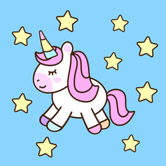 Cute magical unicorn on a light blue background with yellow stars.  Vector design in the doodle style. Romantic illustration in pastel colors for drawing with your hands for children.