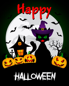 Happy Halloween graphic design. Halloween background with funny pumpkins and witch's house, halloween cat. Vector illustration