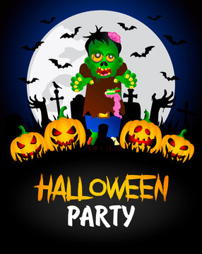 Halloween party banner. Poster with zombie in the cemetery and funny pumpkins. Happy Halloween graphic design. Vector illustration