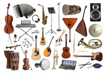 Collection of different musical instruments on white background - obrazy, fototapety, plakaty